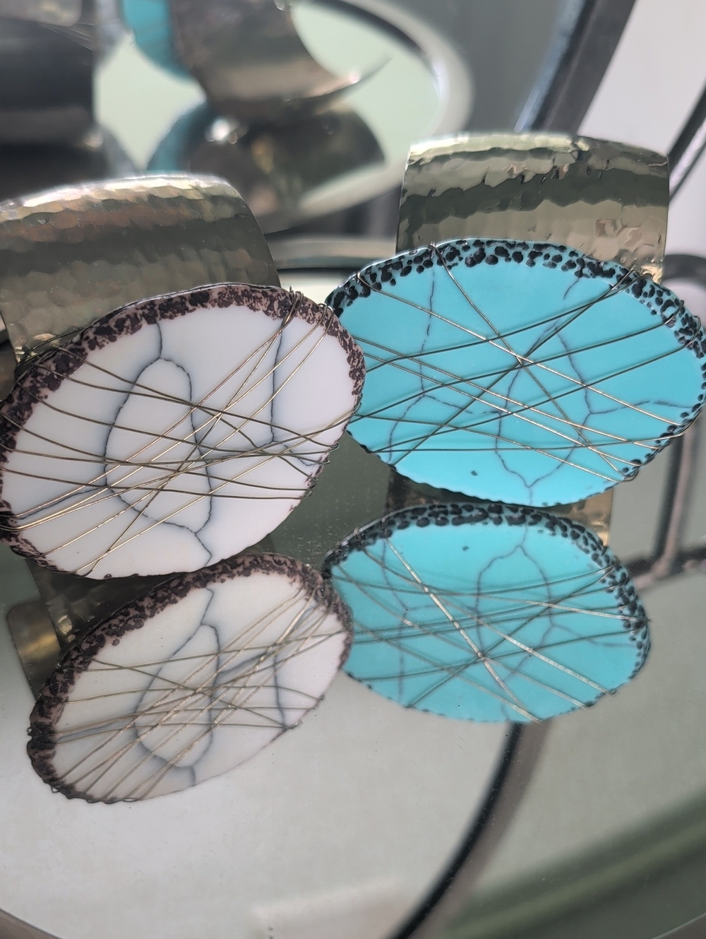 Handmade Turquoise & White Stone Wire-Wrapped Cuff Bracelet 2 Of Them.